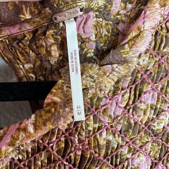 Free People Women's Shea Printed Mini Dress Floral Smocked Brown Pink Medium - Picture 7 of 9